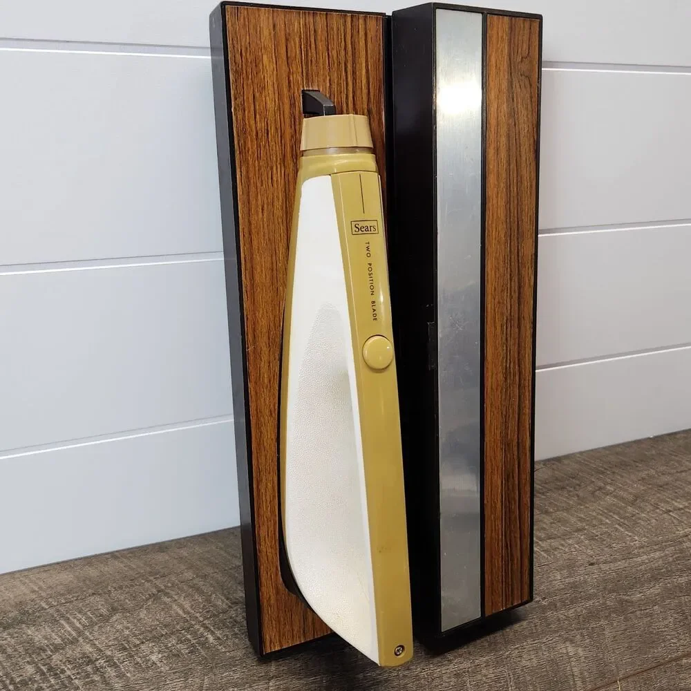 Vintage Sears Electric Knife With Wood Grain Wall Hanging Case Almond Works